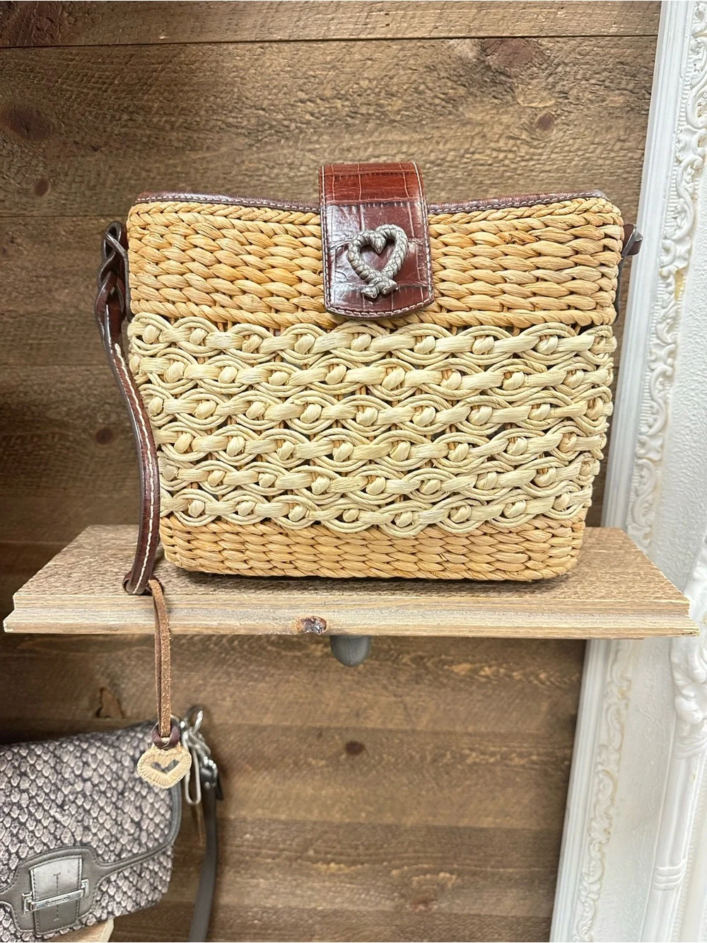 Brighton Woven Straw Crossbody in Natural and Cream with Brown Trim